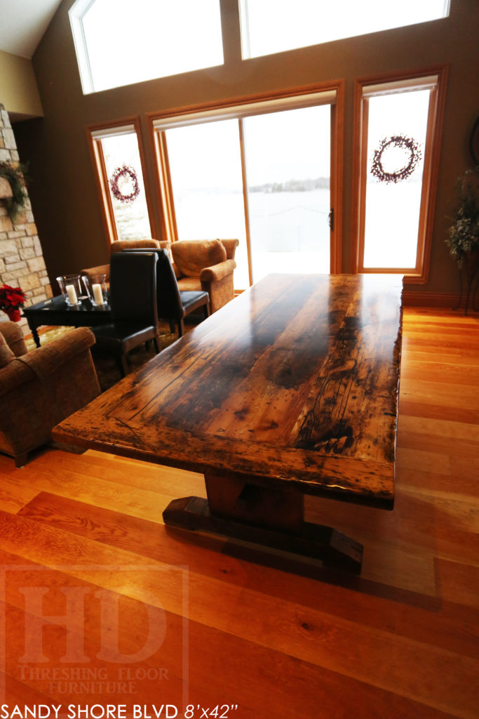 reclaimed wood table puslinch lake, reclaimed wood table, trestle, ontario, cottage, cottage furniture canada, rustic furniture canada, epoxy, rustic table, farmhouse style, puslinch lake ontario