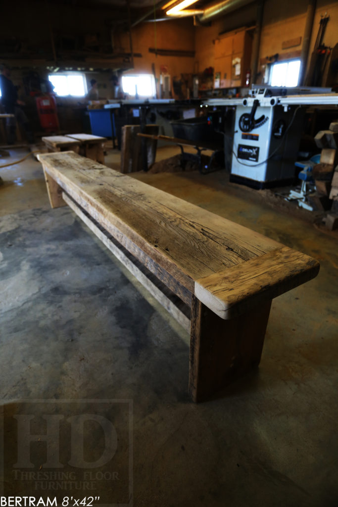 reclaimed wood harvest table, harvest tables hamilton, hd threshing, epoxy, bench, reclaimed wood bench, custom bench, hamilton, ontario, epoxy, rustic, farmhouse, mennonite furniture, distressed wood table, cottage table, farmhouse table, modern reclaimed wood table