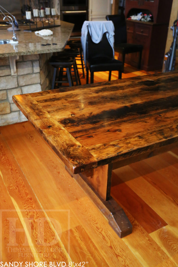 reclaimed wood table puslinch lake, reclaimed wood table, trestle, ontario, cottage, cottage furniture canada, rustic furniture canada, epoxy, rustic table, farmhouse style, puslinch lake ontario