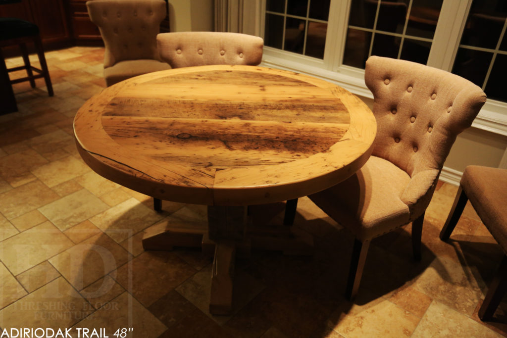 round table, grey, gray, reclaimed wood table, reclaimed round table, hd threshing, hemlock, custom round table, rustic tables, rustic furniture Canada, Canadian furniture, HD Threshing, epoxy, farmhouse, cottage, solid wood, kitchen table