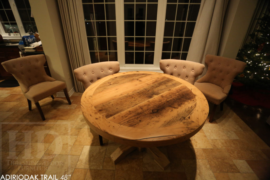 round table, grey, gray, reclaimed wood table, reclaimed round table, hd threshing, hemlock, custom round table, rustic tables, rustic furniture Canada, Canadian furniture, HD Threshing, epoxy, farmhouse, cottage, solid wood, kitchen table