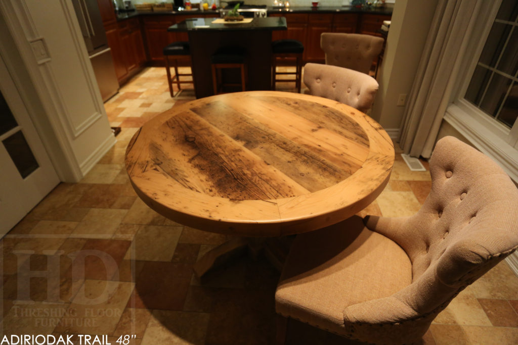 round table, grey, gray, reclaimed wood table, reclaimed round table, hd threshing, hemlock, custom round table, rustic tables, rustic furniture Canada, Canadian furniture, HD Threshing, epoxy, farmhouse, cottage, solid wood, kitchen table