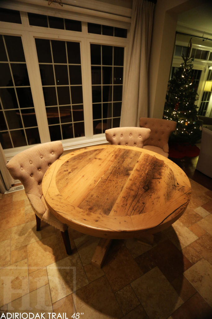 round table, grey, gray, reclaimed wood table, reclaimed round table, hd threshing, hemlock, custom round table, rustic tables, rustic furniture Canada, Canadian furniture, HD Threshing, epoxy, farmhouse, cottage, solid wood, kitchen table