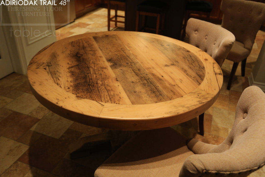 round table, grey, gray, reclaimed wood table, reclaimed round table, hd threshing, hemlock, custom round table, rustic tables, rustic furniture Canada, Canadian furniture, HD Threshing, epoxy, farmhouse, cottage, solid wood, kitchen table