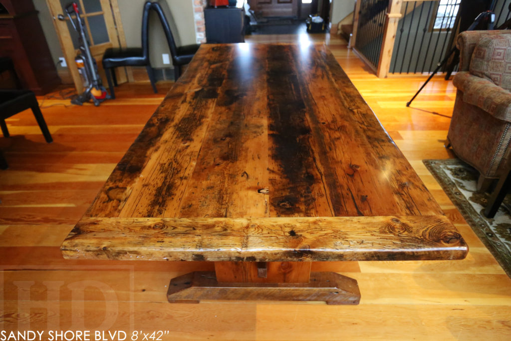 reclaimed wood table puslinch lake, reclaimed wood table, trestle, ontario, cottage, cottage furniture canada, rustic furniture canada, epoxy, rustic table, farmhouse style, puslinch lake ontario