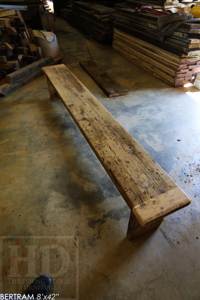 reclaimed wood harvest table, harvest tables hamilton, hd threshing, epoxy, bench, reclaimed wood bench, custom bench, hamilton, ontario, epoxy, rustic, farmhouse, mennonite furniture, distressed wood table, cottage table, farmhouse table, modern reclaimed wood table