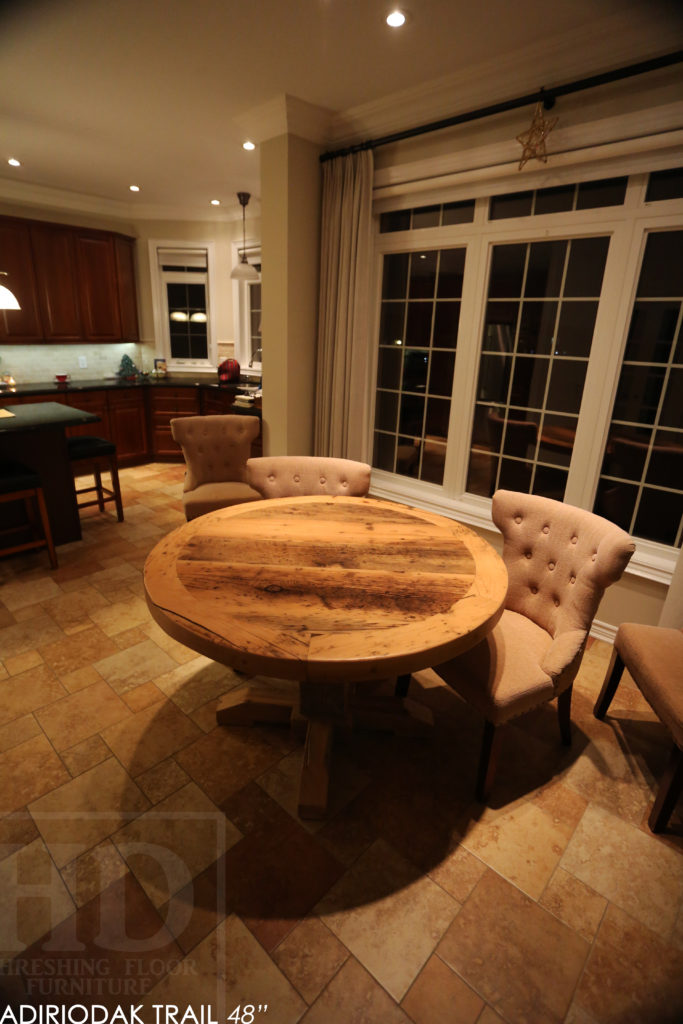 round table, grey, gray, reclaimed wood table, reclaimed round table, hd threshing, hemlock, custom round table, rustic tables, rustic furniture Canada, Canadian furniture, HD Threshing, epoxy, farmhouse, cottage, solid wood, kitchen table