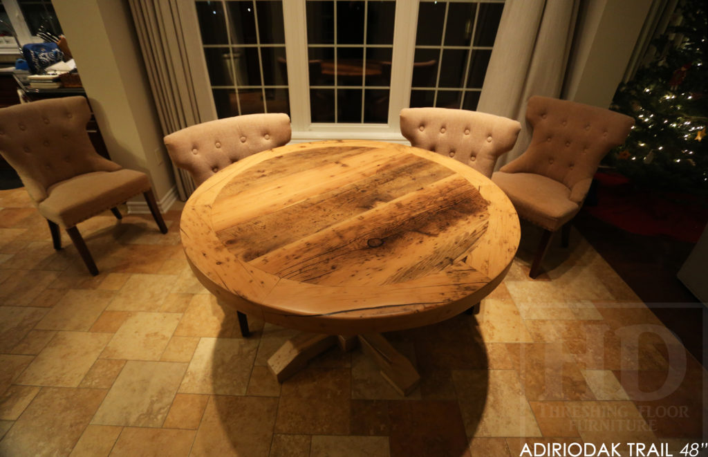 round table, grey, gray, reclaimed wood table, reclaimed round table, hd threshing, hemlock, custom round table, rustic tables, rustic furniture Canada, Canadian furniture, HD Threshing, epoxy, farmhouse, cottage, solid wood, kitchen table