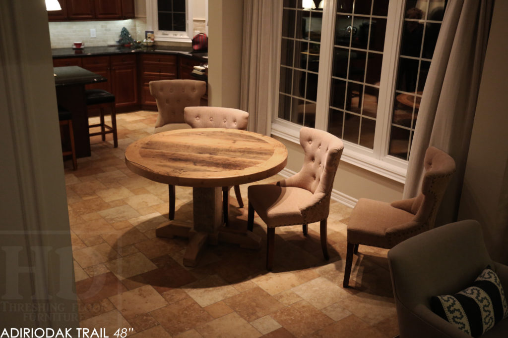 round table, grey, gray, reclaimed wood table, reclaimed round table, hd threshing, hemlock, custom round table, rustic tables, rustic furniture Canada, Canadian furniture, HD Threshing, epoxy, farmhouse, cottage, solid wood, kitchen table