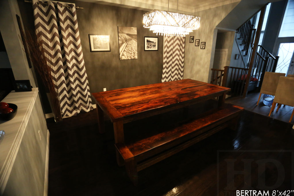 reclaimed wood harvest table, harvest tables hamilton, hd threshing, epoxy, bench, reclaimed wood bench, custom bench, hamilton, ontario, epoxy, rustic, farmhouse, mennonite furniture, distressed wood table, cottage table, farmhouse table, modern reclaimed wood table