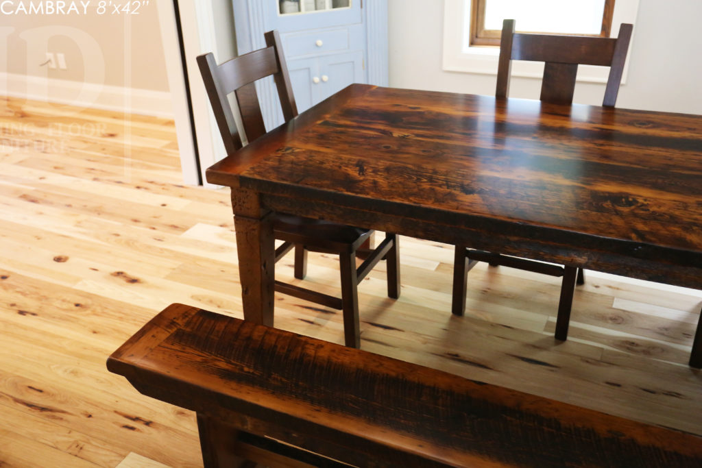 reclaimed wood harvest table, harvest table, embro, ontario, farmhouse table, solid wood table, hemlock barnwood, solid wood table, solid wood chairs, maple chairs, epoxy, bench, reclaimed wood bench, distressed wood table, hd threshing, gerald reinink, tapered legs, ontario made, ontario wood, mennonite furniture