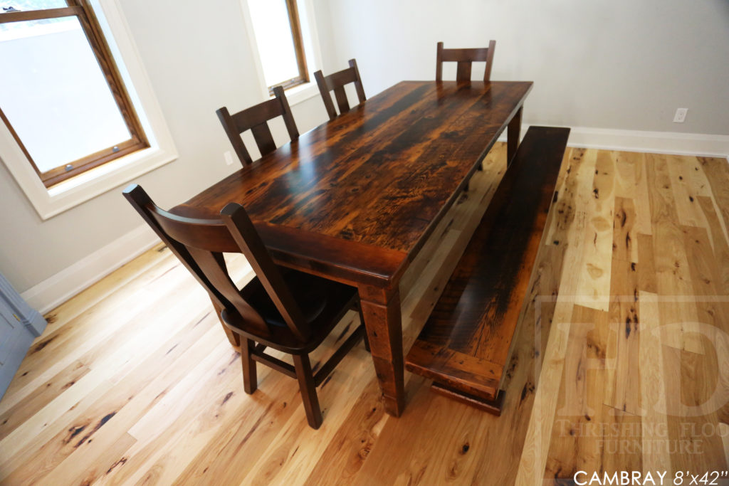 reclaimed wood harvest table, harvest table, embro, ontario, farmhouse table, solid wood table, hemlock barnwood, solid wood table, solid wood chairs, maple chairs, epoxy, bench, reclaimed wood bench, distressed wood table, hd threshing, gerald reinink, tapered legs, ontario made, ontario wood, mennonite furniture