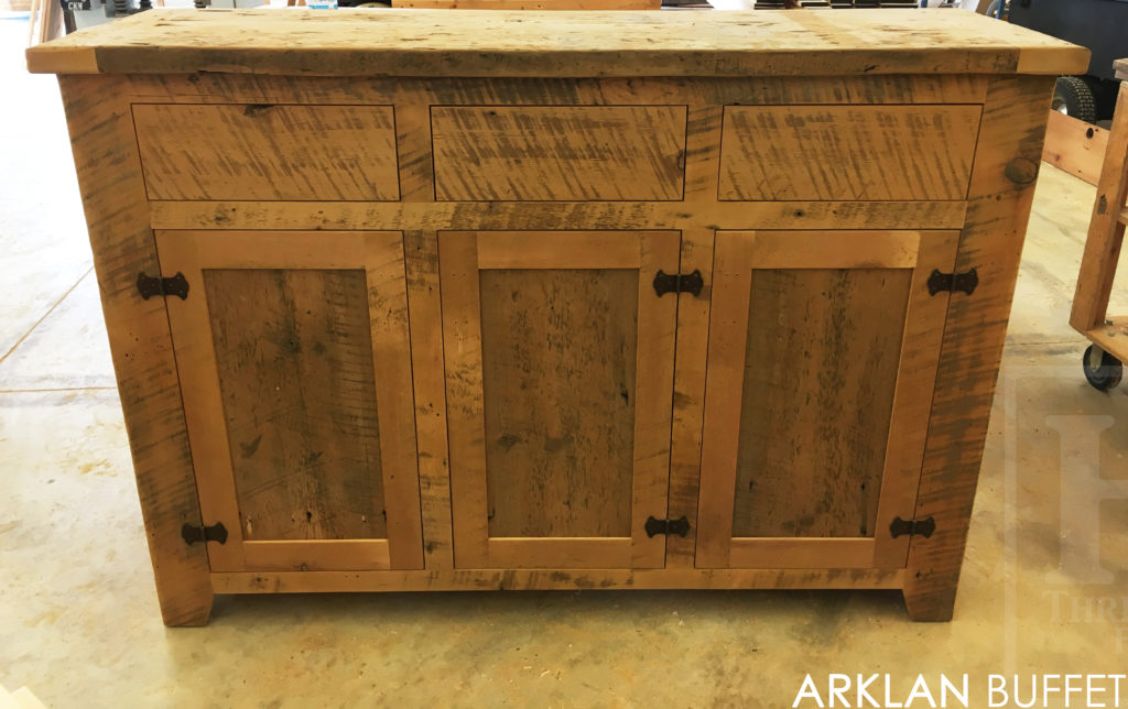 buffet, credenza, lee valley hardware, hemlock, grainery board, threshing floor, epoxy, rustic, farmhouse, rustic furniture ontario, custom furniture ontario, distressed, cottage style