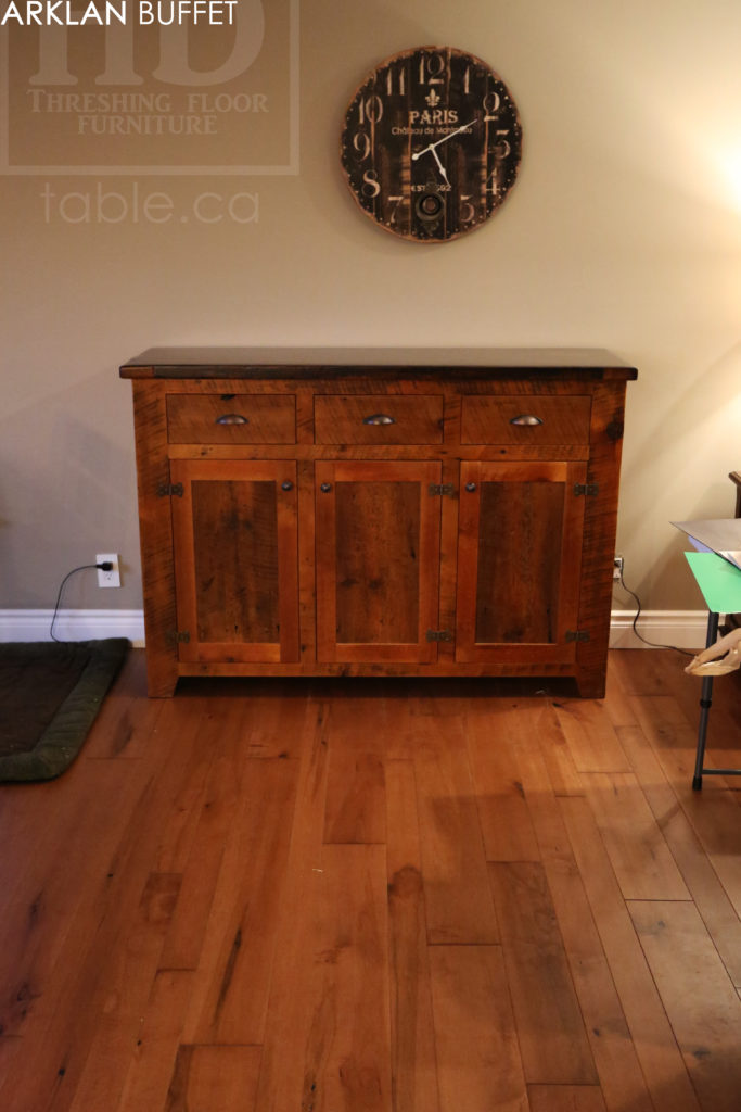 buffet, credenza, lee valley hardware, hemlock, grainery board, threshing floor, epoxy, rustic, farmhouse, rustic furniture ontario, custom furniture ontario, distressed, cottage style