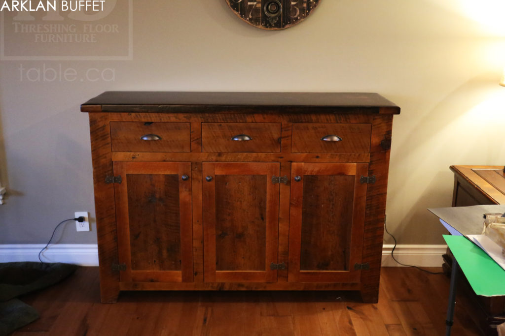 buffet, credenza, lee valley hardware, hemlock, grainery board, threshing floor, epoxy, rustic, farmhouse, rustic furniture ontario, custom furniture ontario, distressed, cottage style