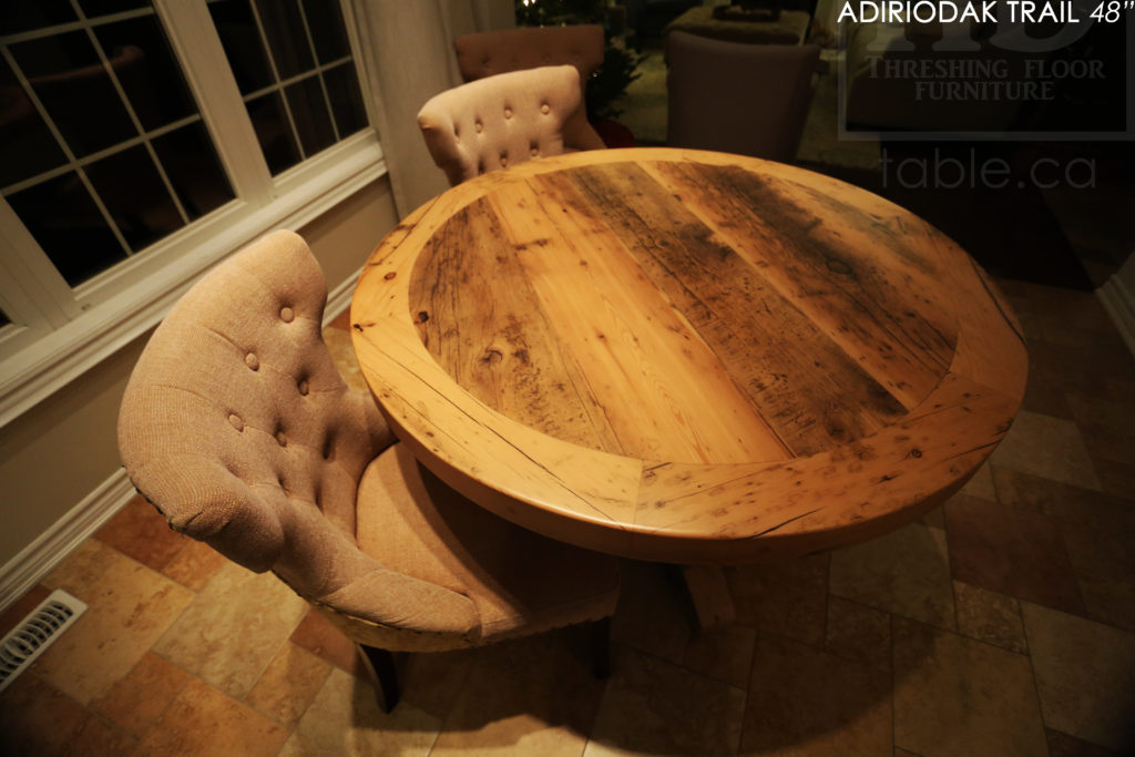 round table, grey, gray, reclaimed wood table, reclaimed round table, hd threshing, hemlock, custom round table, rustic tables, rustic furniture Canada, Canadian furniture, HD Threshing, epoxy, farmhouse, cottage, solid wood, kitchen table