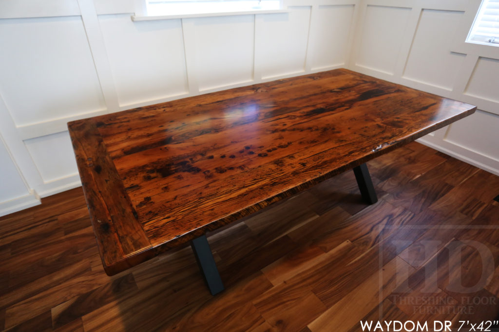 metal base reclaimed wood table, rustic, farmhouse table, ayr, ontario, barnwood table, epoxy finish, custom table, cottage table, rustic furniture canada