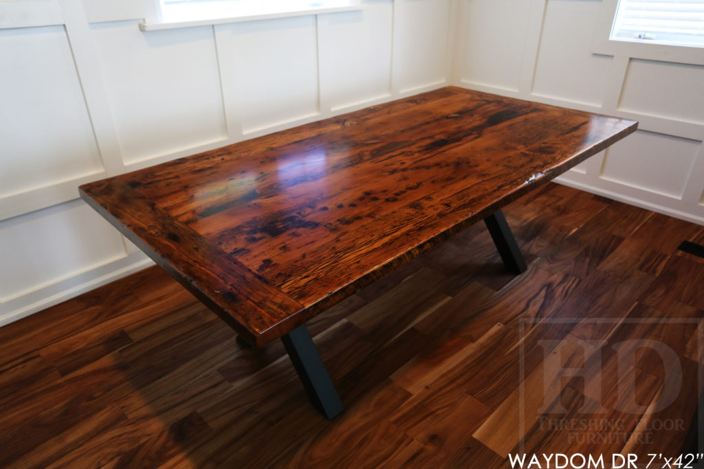 metal base reclaimed wood table, rustic, farmhouse table, ayr, ontario, barnwood table, epoxy finish, custom table, cottage table, rustic furniture canada