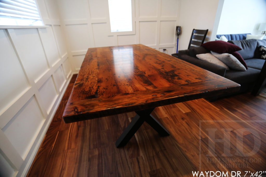 metal base reclaimed wood table, rustic, farmhouse table, ayr, ontario, barnwood table, epoxy finish, custom table, cottage table, rustic furniture canada