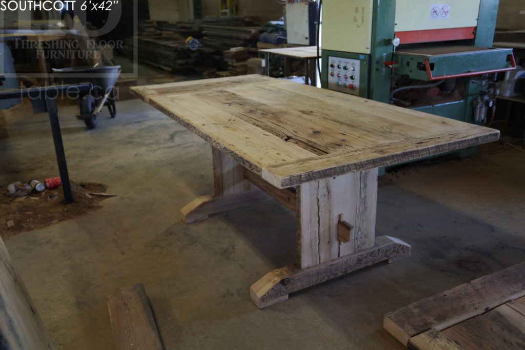 reclaimed wood table, Grand Bend, Ontario, epoxy, trestle, reclaimed bench, wormy maple chairs, hemlock, threshing floor, distressed wood table, rustic furniture canada, rustic table, farmhouse table, cottage table