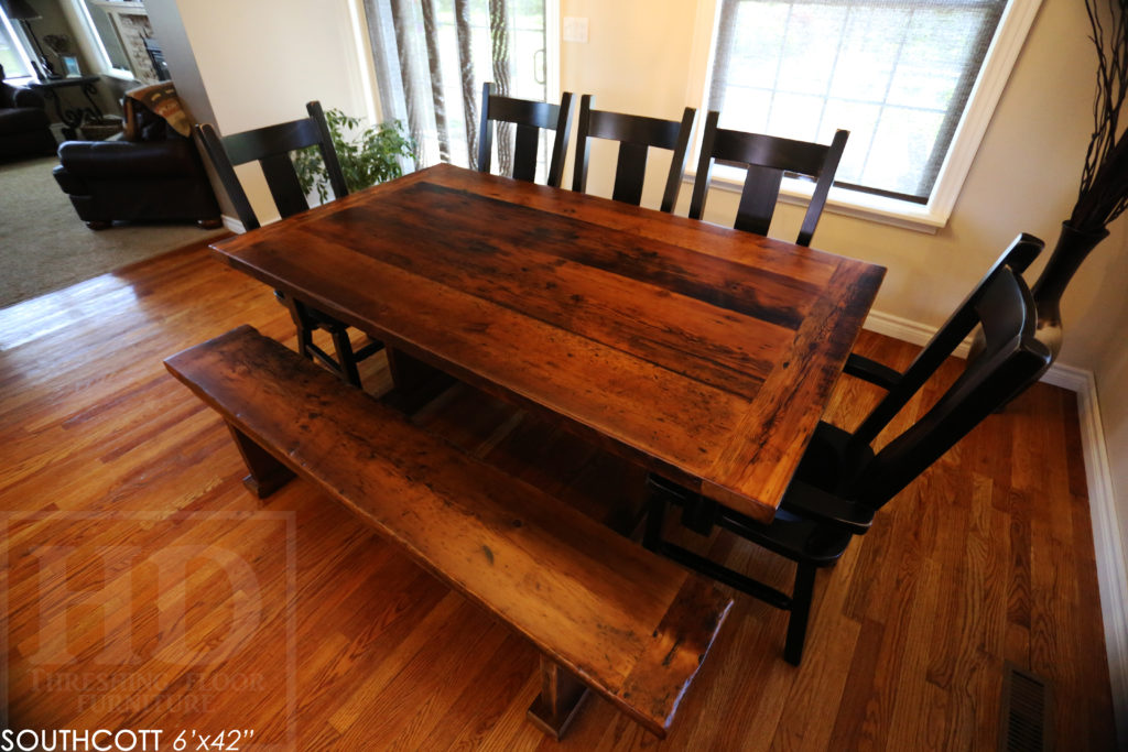 reclaimed wood table, Grand Bend, Ontario, epoxy, trestle, reclaimed bench, wormy maple chairs, hemlock, threshing floor, distressed wood table, rustic furniture canada, rustic table, farmhouse table, cottage table