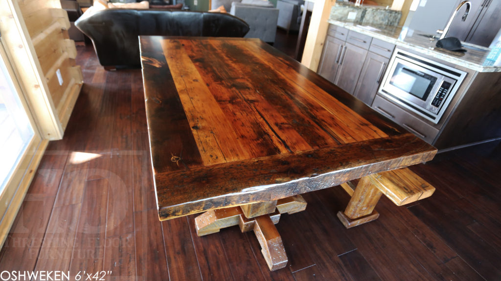 reclaimed wood pedestal table, reclaimed wood table, epoxy, rustic, distressed wood table, hd threshing, reclaimed wood bench, hand hewn beam, cottage style, gerald reinink