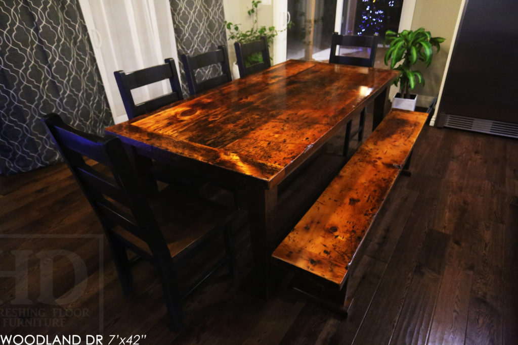 harvest table, reclaimed wood table, farmhouse table, rustic table, barnwood table, epoxy, pine, reclaimed pine, ladder back chairs, epoxy finish, hd threshing, bench, reclaimed wood bench, simcoe, ontario, recycled wood table