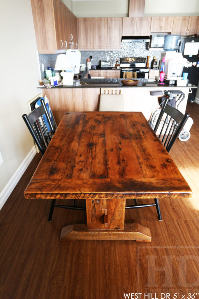 trestle table, reclaimed wood table, waterloo, ontario, rustic, solid wood table, custom reclaimed wood table, rustic furniture canada, rustic furniture ontario