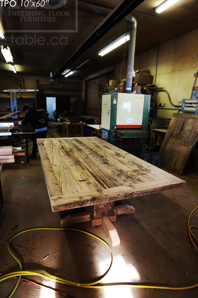 Specifications: 10' Reclaimed Wood Boardroom Table - 60" wide - Hemlock Threshing Floor Barnwood Construction - Original distressing & edges maintained - Extra thick 3" Joist Barnwood Top - Premium epoxy + matte polyurethane finish - www.hdthreshing.com