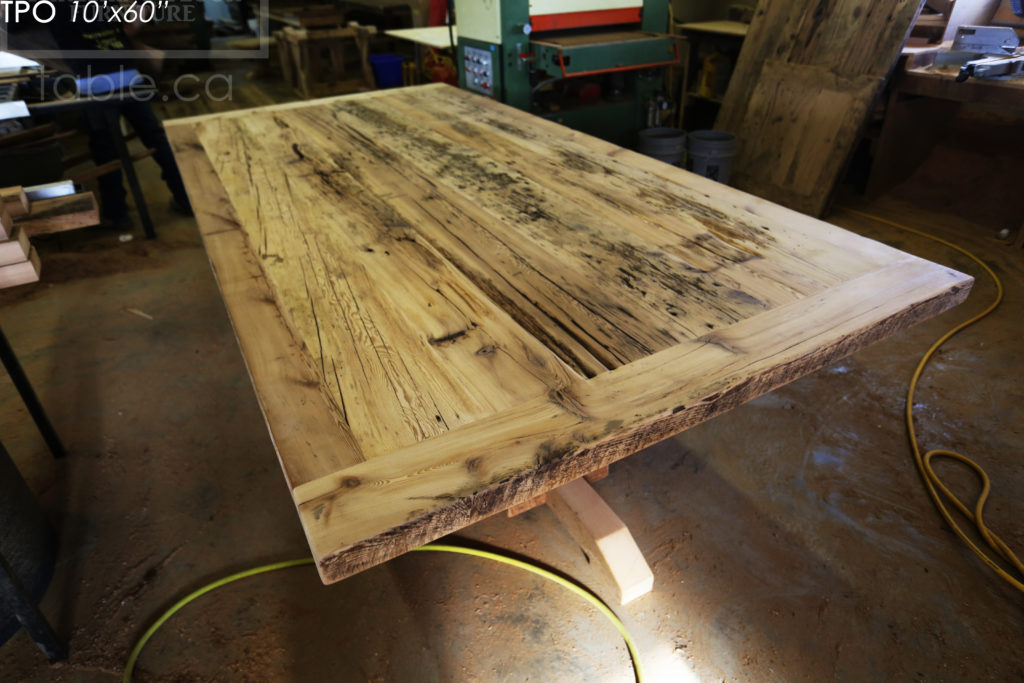 Specifications: 10' Reclaimed Wood Boardroom Table - 60" wide - Hemlock Threshing Floor Barnwood Construction - Original distressing & edges maintained - Extra thick 3" Joist Barnwood Top - Premium epoxy + matte polyurethane finish - www.hdthreshing.com