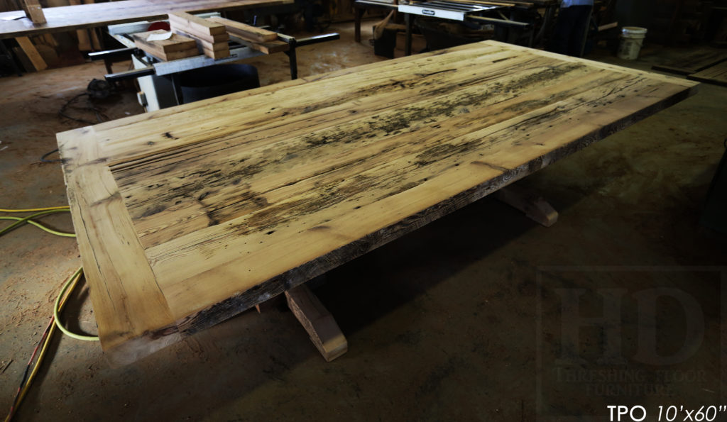 Specifications: 10' Reclaimed Wood Boardroom Table - 60" wide - Hemlock Threshing Floor Barnwood Construction - Original distressing & edges maintained - Extra thick 3" Joist Barnwood Top - Premium epoxy + matte polyurethane finish - www.hdthreshing.com