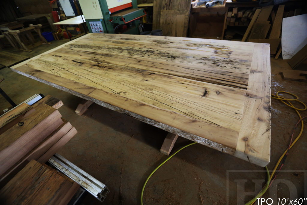 Specifications: 10' Reclaimed Wood Boardroom Table - 60" wide - Hemlock Threshing Floor Barnwood Construction - Original distressing & edges maintained - Extra thick 3" Joist Barnwood Top - Premium epoxy + matte polyurethane finish - www.hdthreshing.com