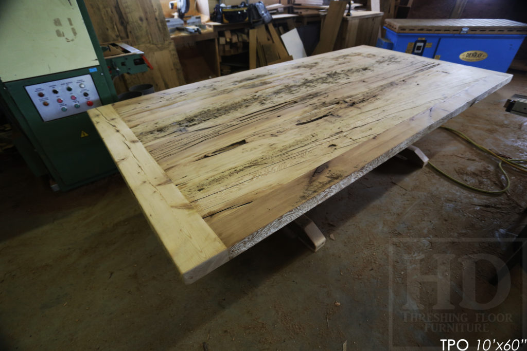 Specifications: 10' Reclaimed Wood Boardroom Table - 60" wide - Hemlock Threshing Floor Barnwood Construction - Original distressing & edges maintained - Extra thick 3" Joist Barnwood Top - Premium epoxy + matte polyurethane finish - www.hdthreshing.com