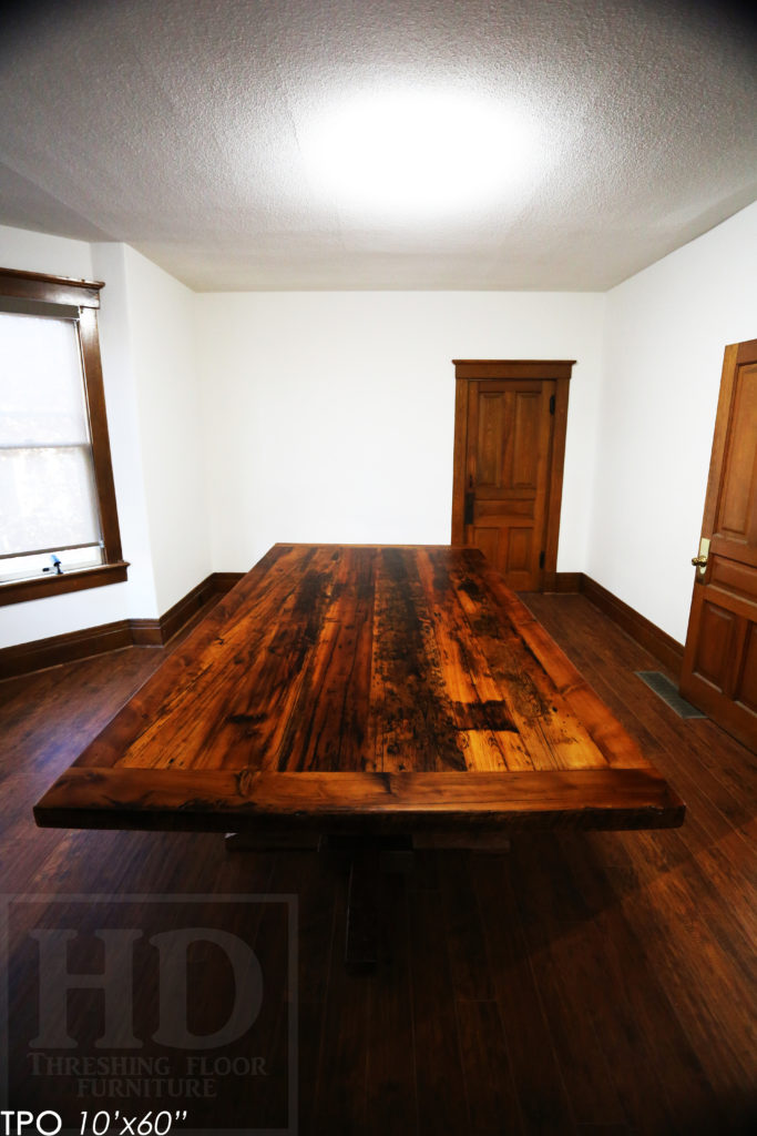 Specifications: 10' Reclaimed Wood Boardroom Table - 60" wide - Hemlock Threshing Floor Barnwood Construction - Original distressing & edges maintained - Extra thick 3" Joist Barnwood Top - Premium epoxy + matte polyurethane finish - www.hdthreshing.com