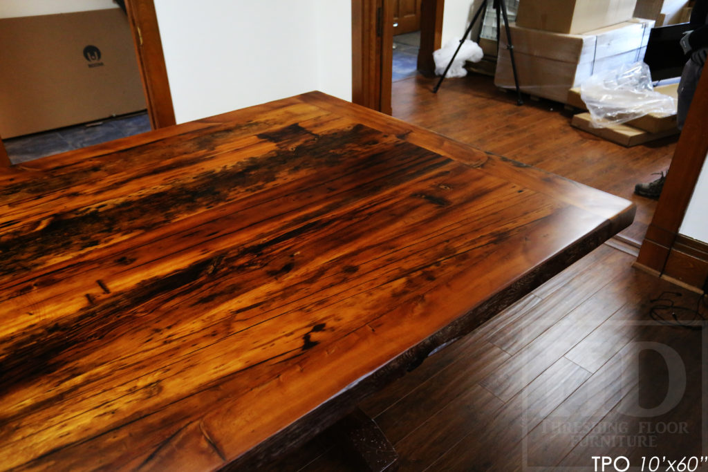 Specifications: 10' Reclaimed Wood Boardroom Table - 60" wide - Hemlock Threshing Floor Barnwood Construction - Original distressing & edges maintained - Extra thick 3" Joist Barnwood Top - Premium epoxy + matte polyurethane finish - www.hdthreshing.com