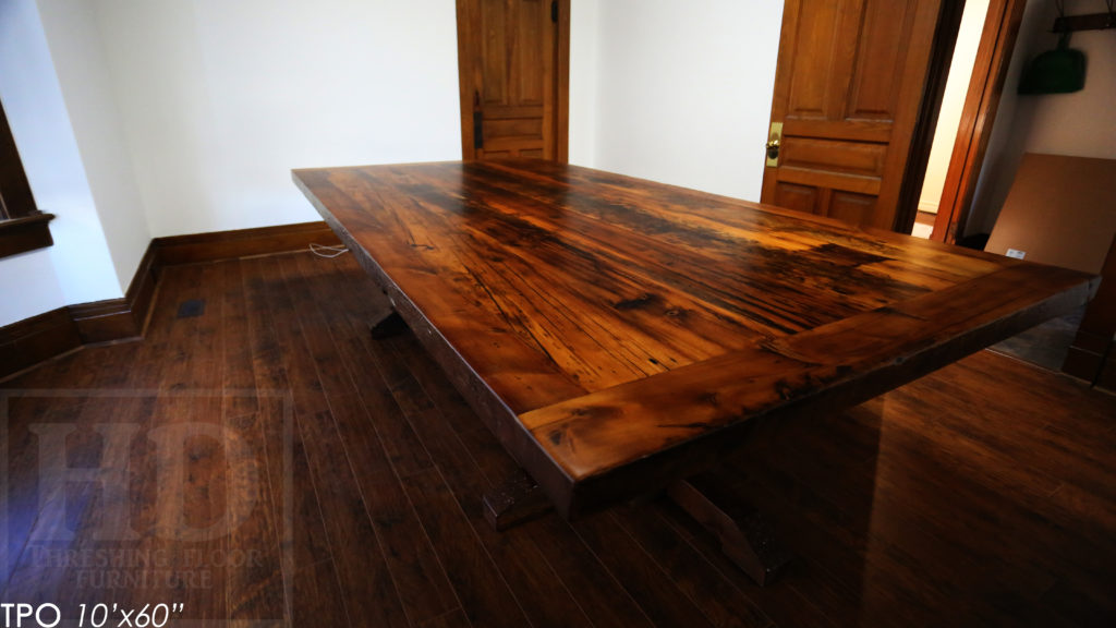 Specifications: 10' Reclaimed Wood Boardroom Table - 60" wide - Hemlock Threshing Floor Barnwood Construction - Original distressing & edges maintained - Extra thick 3" Joist Barnwood Top - Premium epoxy + matte polyurethane finish - www.hdthreshing.com