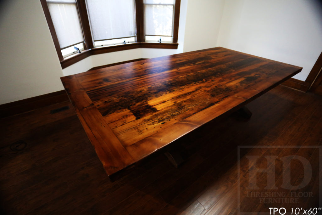 Specifications: 10' Reclaimed Wood Boardroom Table - 60" wide - Hemlock Threshing Floor Barnwood Construction - Original distressing & edges maintained - Extra thick 3" Joist Barnwood Top - Premium epoxy + matte polyurethane finish - www.hdthreshing.com