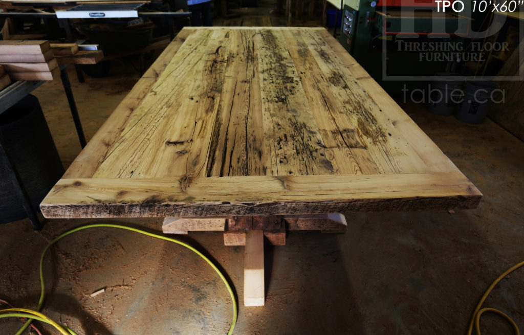 Specifications: 10' Reclaimed Wood Boardroom Table - 60" wide - Hemlock Threshing Floor Barnwood Construction - Original distressing & edges maintained - Extra thick 3" Joist Barnwood Top - Premium epoxy + matte polyurethane finish - www.hdthreshing.com