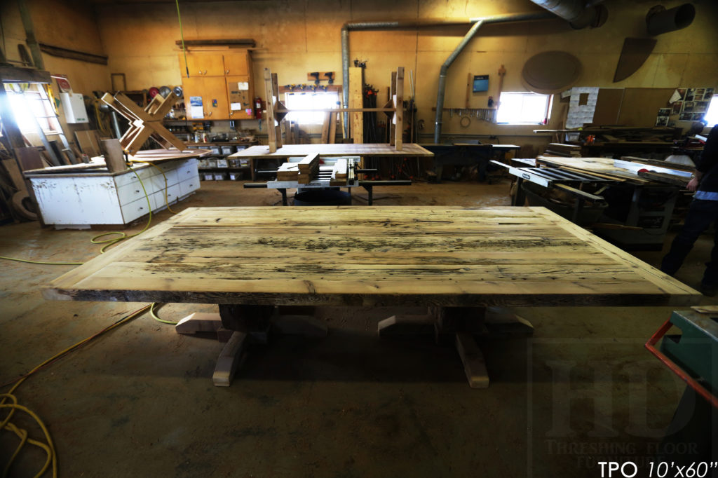 Specifications: 10' Reclaimed Wood Boardroom Table - 60" wide - Hemlock Threshing Floor Barnwood Construction - Original distressing & edges maintained - Extra thick 3" Joist Barnwood Top - Premium epoxy + matte polyurethane finish - www.hdthreshing.com