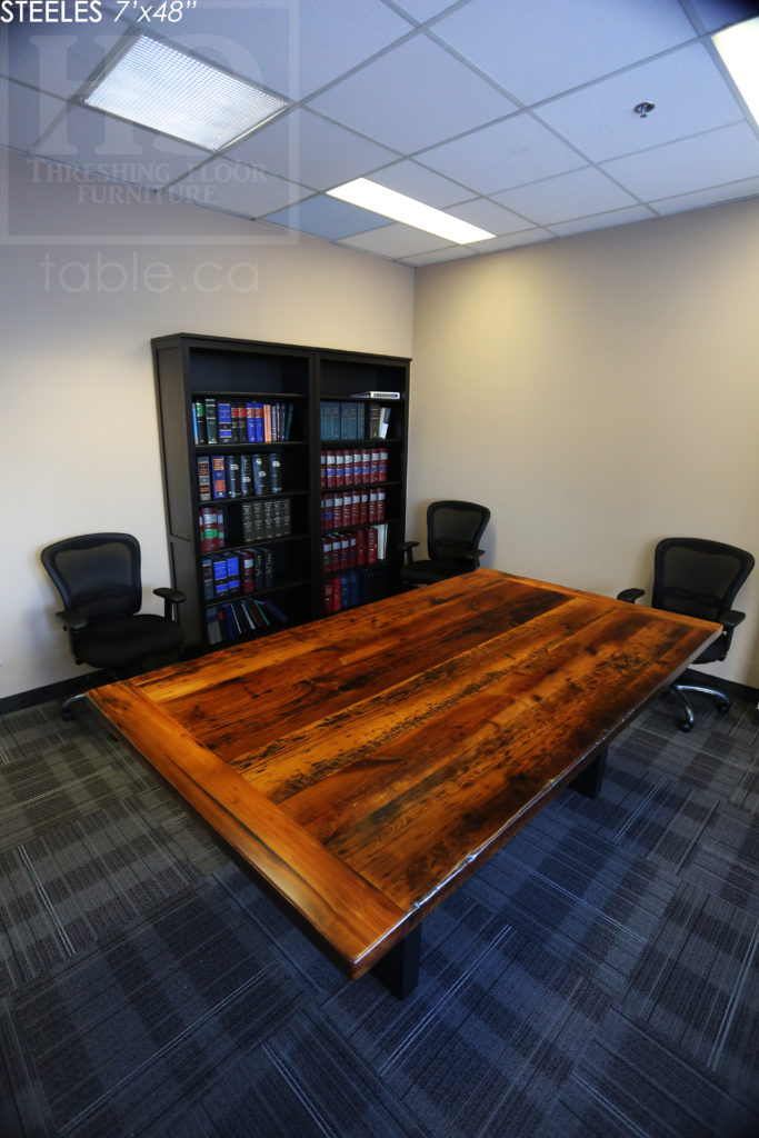 7' Reclaimed Wood Boardroom Table - 48" wide - Hemlock Threshing Floor Construction - Original edges & distressing maintained - Premium epoxy + satin polyurethane finish - Matte Black Metal Base - www.hdthreshing.com