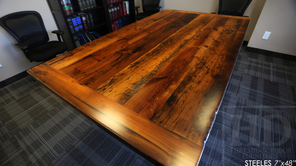 7' Reclaimed Wood Boardroom Table - 48" wide - Hemlock Threshing Floor Construction - Original edges & distressing maintained - Premium epoxy + satin polyurethane finish - Matte Black Metal Base - www.hdthreshing.com