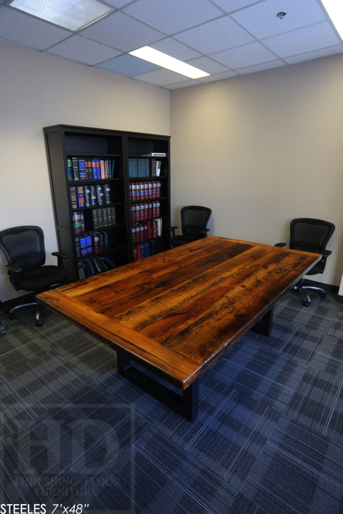 Details: 7' Reclaimed Wood Boardroom Table - 48" wide - Hemlock Threshing Floor Construction - Original edges & distressing maintained - Premium epoxy + satin polyurethane finish - Matte Black Metal Base - www.hdthreshing.com