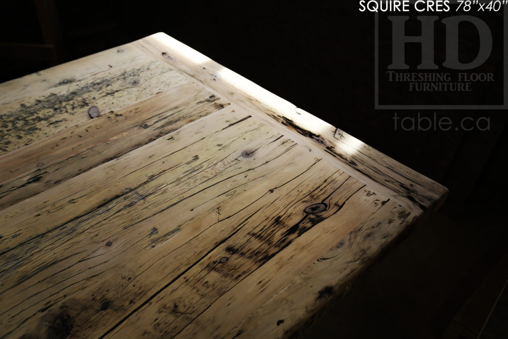 78" Reclaimed Wood Table for Oakville home - 40" wide - Hemlock Threshing Floor Construction - Original edges/distressing kept - Bleached Greytone Treatment - White Painted + Sandthroughs Base - Premium epoxy/satin polyurethane finish - www.hdthreshing.com