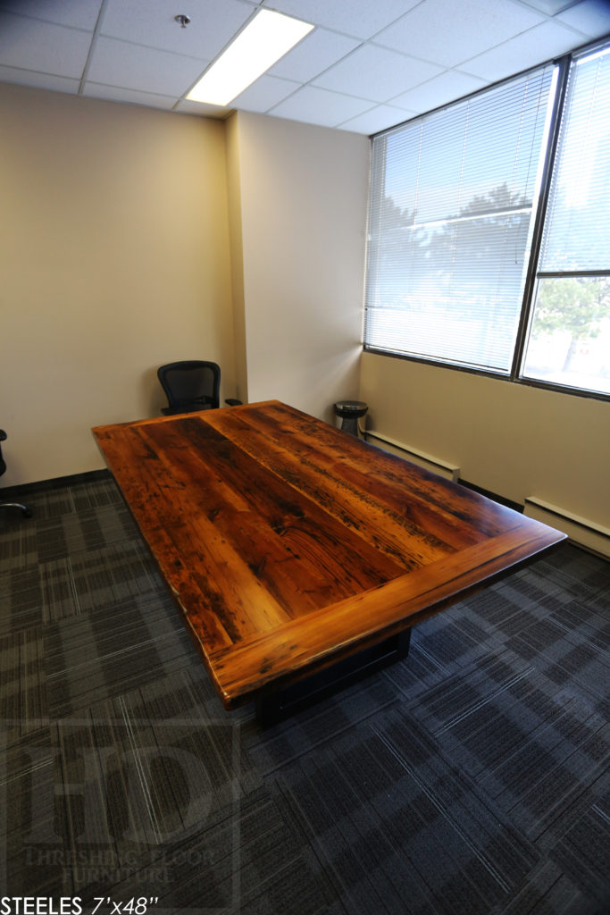 7' Reclaimed Wood Boardroom Table - 48" wide - Hemlock Threshing Floor Construction - Original edges & distressing maintained - Premium epoxy + satin polyurethane finish - Matte Black Metal Base - www.hdthreshing.com