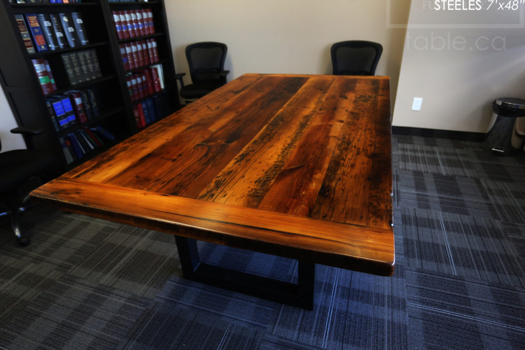 7' Reclaimed Wood Boardroom Table - 48" wide - Hemlock Threshing Floor Construction - Original edges & distressing maintained - Premium epoxy + satin polyurethane finish - Matte Black Metal Base - www.hdthreshing.com