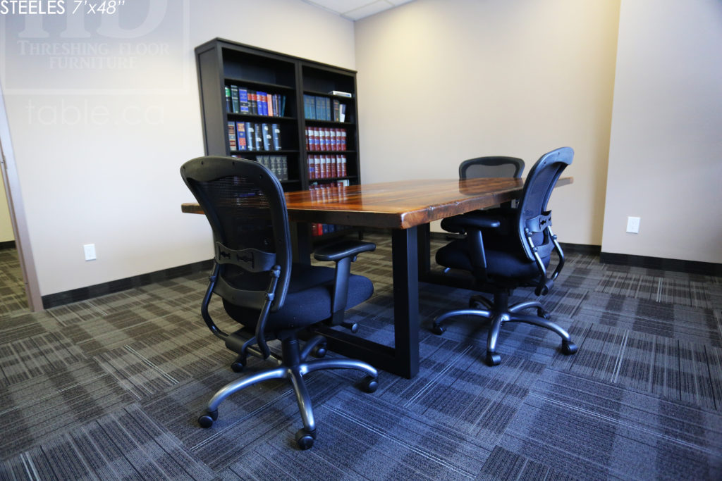 7' Reclaimed Wood Boardroom Table - 48" wide - Hemlock Threshing Floor Construction - Original edges & distressing maintained - Premium epoxy + satin polyurethane finish - Matte Black Metal Base - www.hdthreshing.com