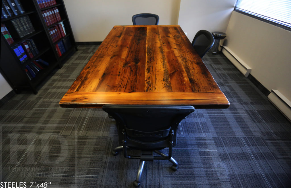 7' Reclaimed Wood Boardroom Table - 48" wide - Hemlock Threshing Floor Construction - Original edges & distressing maintained - Premium epoxy + satin polyurethane finish - Matte Black Metal Base - www.hdthreshing.com