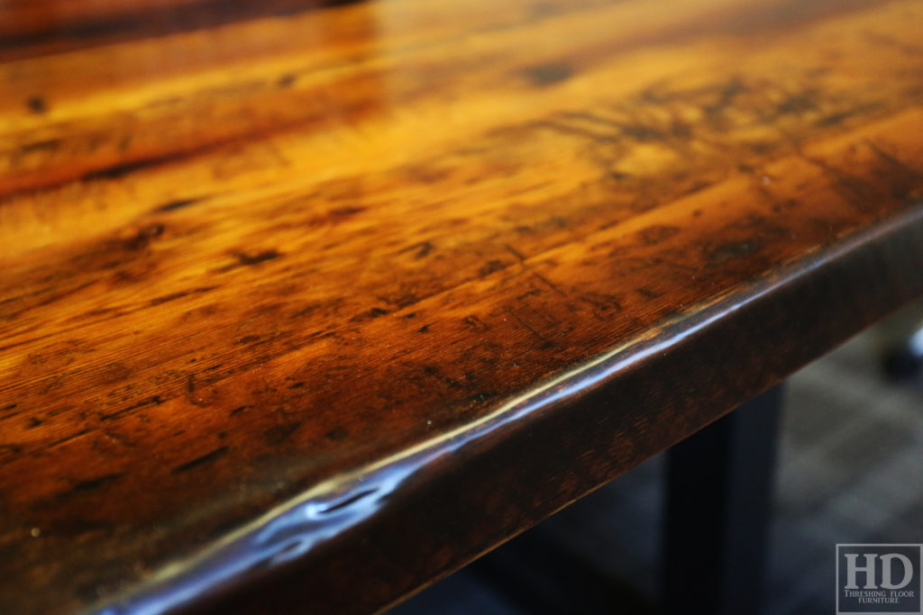 7' Reclaimed Wood Boardroom Table - 48" wide - Hemlock Threshing Floor Construction - Original edges & distressing maintained - Premium epoxy + satin polyurethane finish - Matte Black Metal Base - www.hdthreshing.com