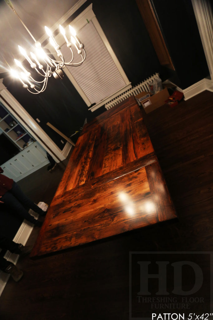 Details: 5' Reclaimed Wood Table - 42" wide - Trestle Base - Original edges & distressing maintained - Premium epoxy/satin polyurethane finish - Hemlock Threshing Floor Construction - Two 18" Leaves [making total length 8' when extended] - www.hdthreshing.com