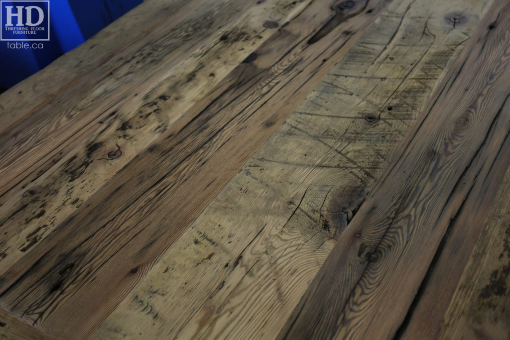 Details: 5' Reclaimed Wood Table - 42" wide - Trestle Base - Original edges & distressing maintained - Premium epoxy/satin polyurethane finish - Hemlock Threshing Floor Construction - Two 18" Leaves [making total length 8' when extended] - www.hdthreshing.com
